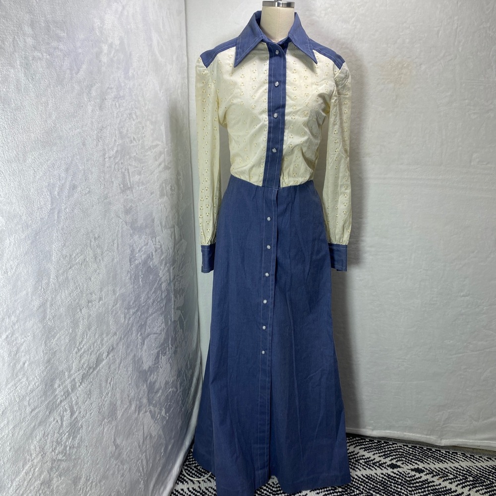 VTG Home Made Hand Made Western Style Denim Color‎ & Eyelet Prairie Maxi Dress